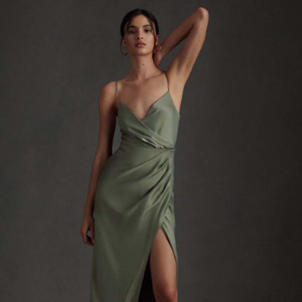 BHLDN Freya Satin Charmeuse Dress in Moss